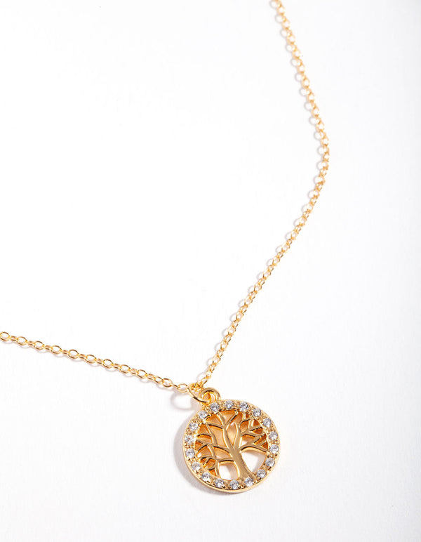 Gold Plated Sterling Silver Cubic Zirconia Tree of Life Necklace