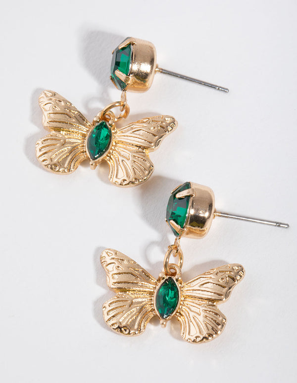 Gold Gem Butterfly Drop Earrings
