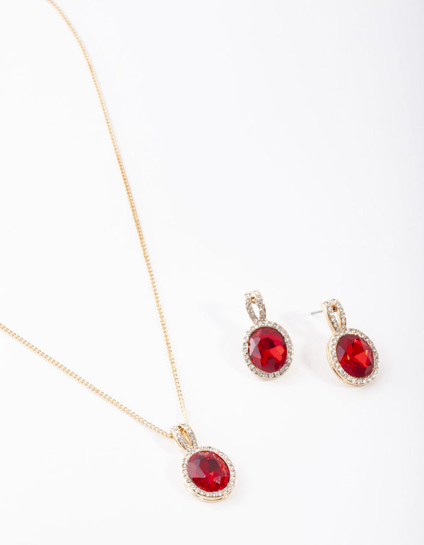Gold Red Halo Necklace & Earrings Set