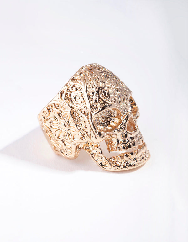 Gold Ornate Skull Ring