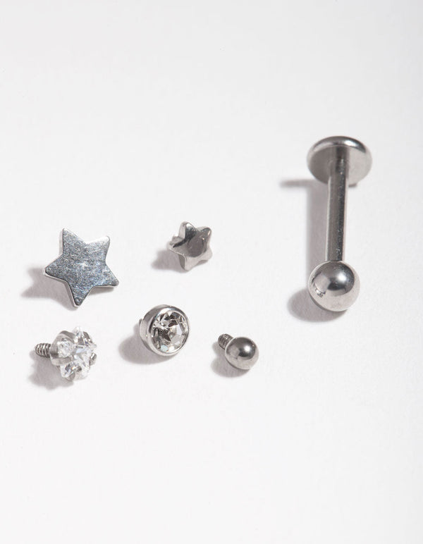 Rhodium Surgical Steel Diamante Star Flat Back 6-Pack