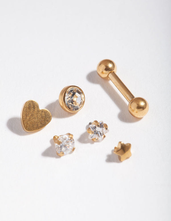 Gold Cubic Zirconia Heart Barbell 6-Pack