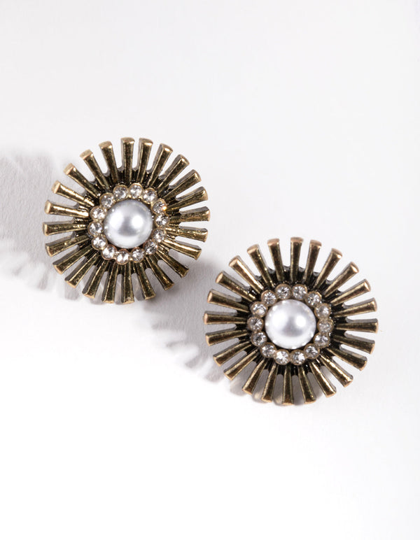 Antique Gold Pearl Shield Stone Earrings