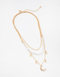 Gold Short Diamante Moon 3-Row Necklace - link has visual effect only