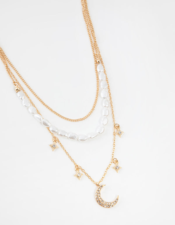 Gold Short Diamante Moon 3-Row Necklace