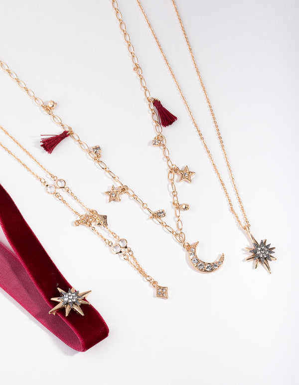 Red Gold Celestial 4-Row Necklace