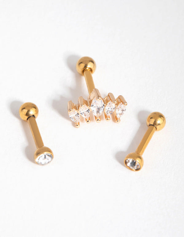 Gold Surgical Steel Cubic Zirconia Marquise Barbell Pack