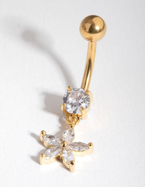 Gold Cubic Zirconia Flower Drop Belly Ring