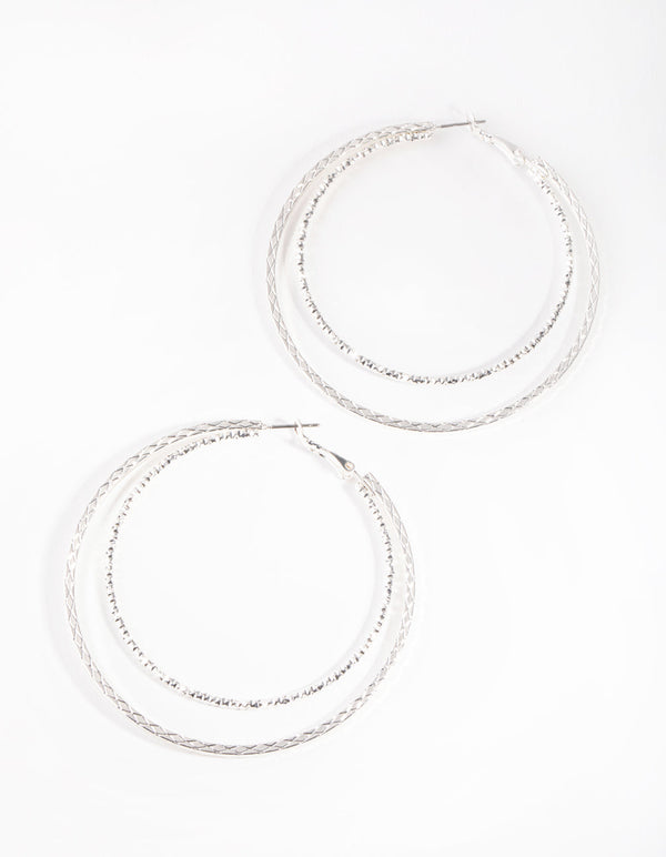 Silver Textured Double Hoop Earrings