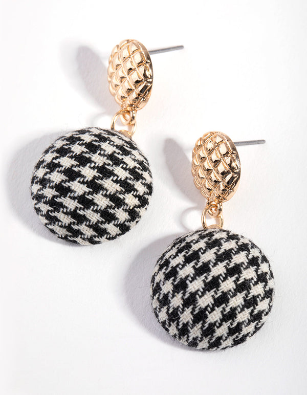 Gold Fabric Houndstooth Dome Drop Earrings