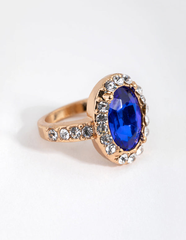 Gold Diamante Surrounded Blue Stone Ring