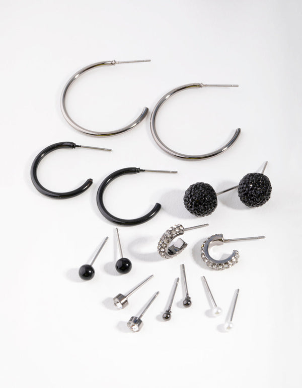 Mixed Metal Diamante Stud Hoop Earring 8-Pack