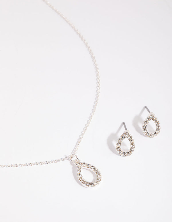 Silver Diamante Teardrop Necklace & Earring Set
