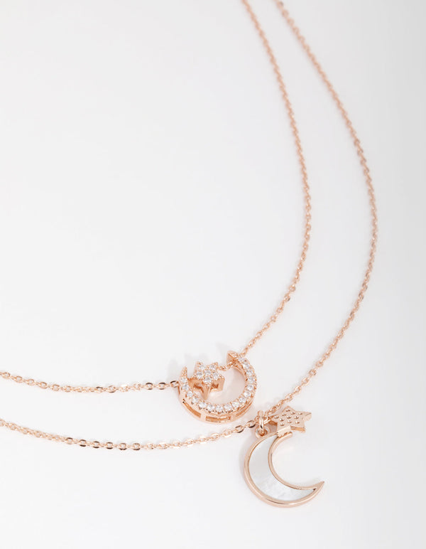 Rose Gold Plated Cubic Zirconia & Shell Crescent Moon Necklace Set