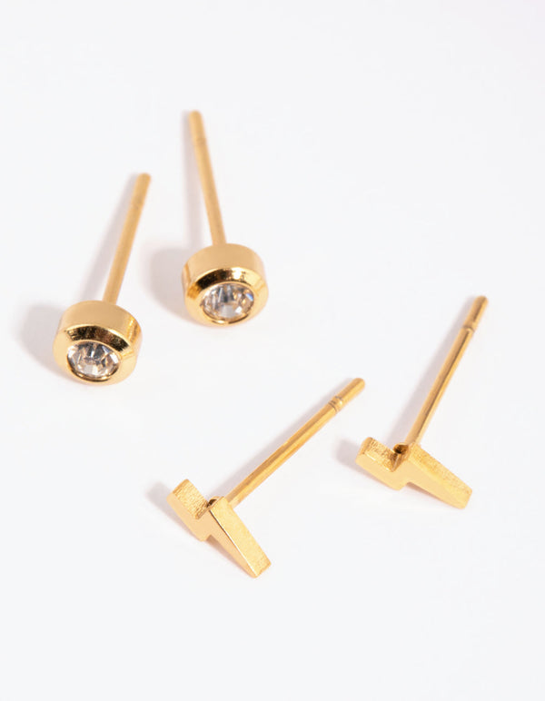Gold Plated Surgical Steel Lightning Bolt Stud Earring Set