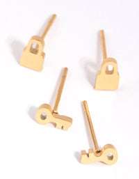 Gold Plated Surgical Steel Lock & Key Stud Earring Set - link has visual effect only