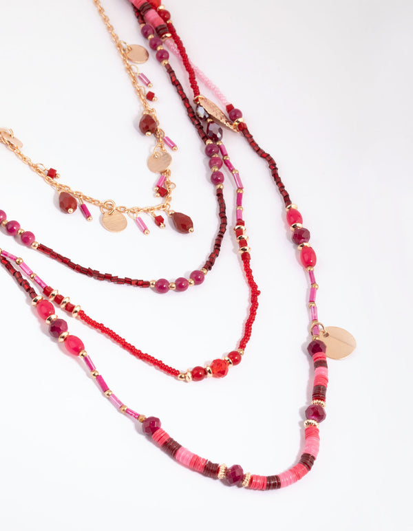 Red Multi Layered Bead Jingle Necklace