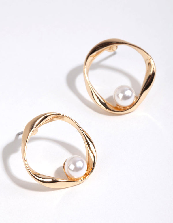 Gold Twist Open Circle Pearl Earrings