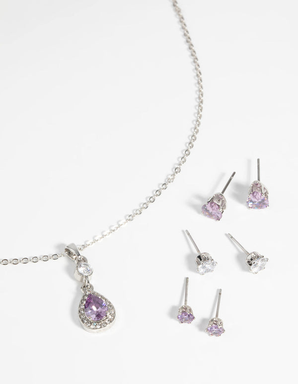 Purple Diamond Simulant Teardrop Necklace & Earrings Set