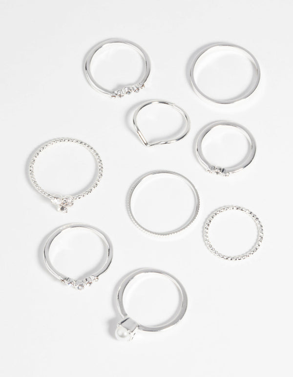 Silver Pearl & Diamante Ring 9-Pack