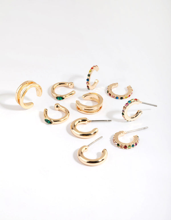 Gold & Colourful Cuff & Huggie Hoop Earring Stack 5-Pack