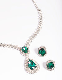 Silver Diamond Simulant Emerald Necklace & Earrings Set - link has visual effect only