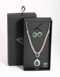 Silver Diamond Simulant Emerald Necklace & Earrings Set - link has visual effect only