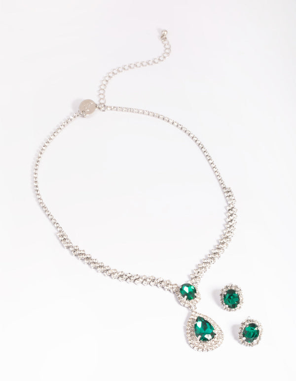 Silver Diamond Simulant Emerald Necklace & Earrings Set
