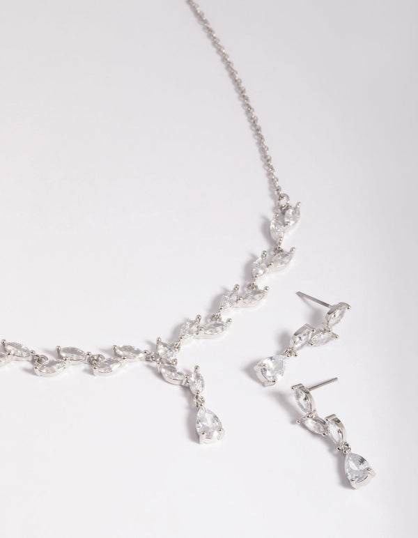 Rhodium Diamond Simulant Vine Necklace & Earrings Set
