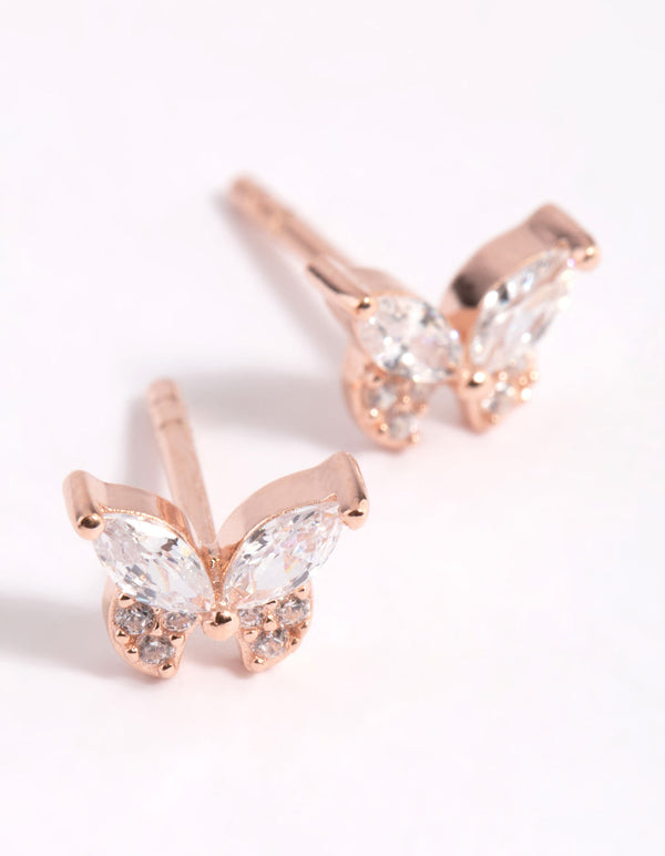 Rose Gold Plated Sterling Silver Cubic Zirconia Butterfly Stud Earrings
