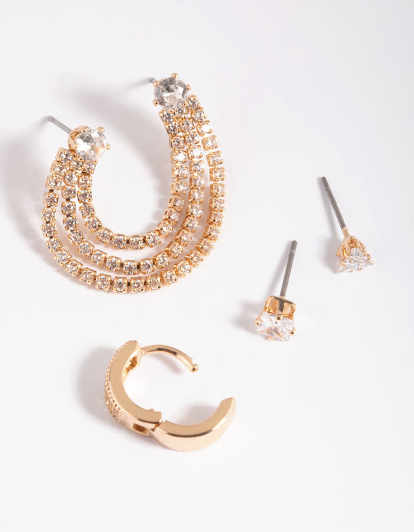 Gold Cubic Zirconia Stud Earring 5-Pack