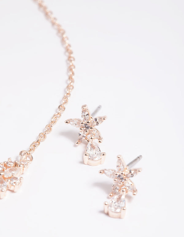 Rose Gold Marquise Flower Necklace & Earrings Set