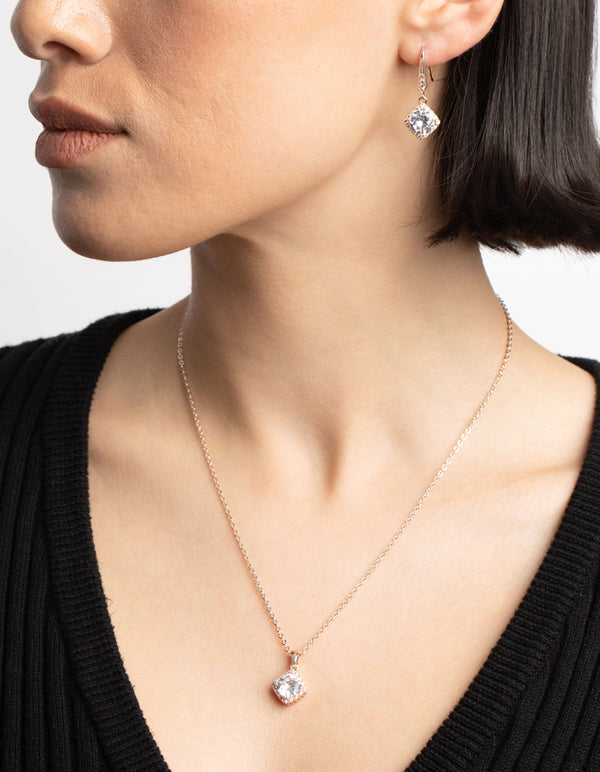 Rose Gold Cubic Zirconia Cushion Necklace & Earrings Set