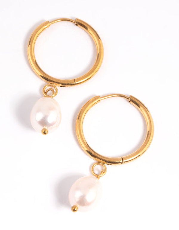 Gold Plated Stainless Steel Freshwater Pearl Thin Huggie Hoop Earrings