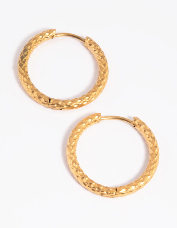 Gold Plated Stainless Steel Textured Huggie Hoop Earrings