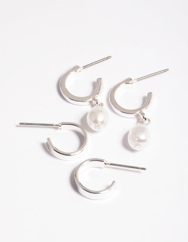 Silver Simple Pearl Huggie Earrings Pack