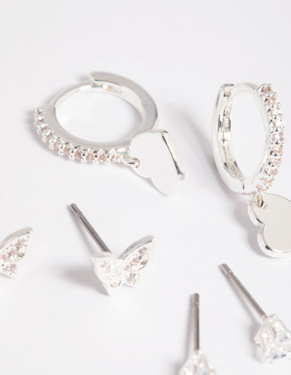 Silver Plated Brass  Butterfly & Heart Earring Stack 6-Pack
