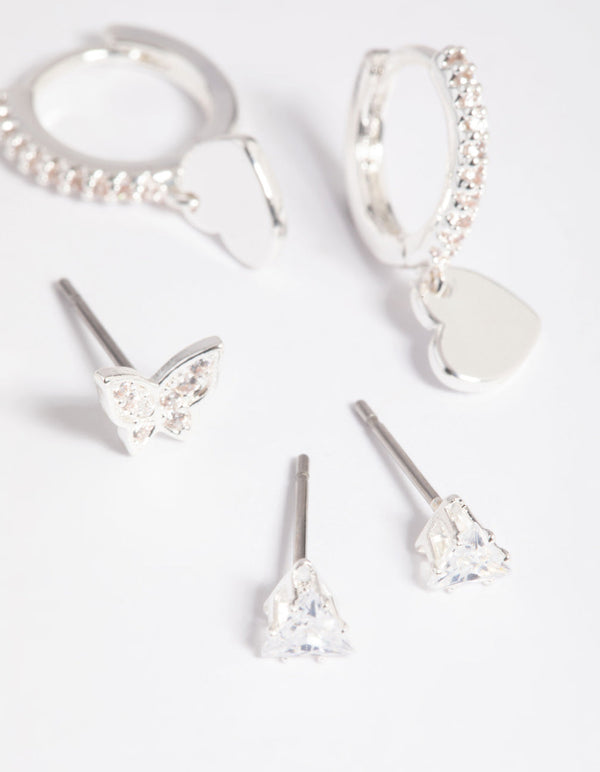 Silver Plated Brass  Butterfly & Heart Earring Stack 6-Pack
