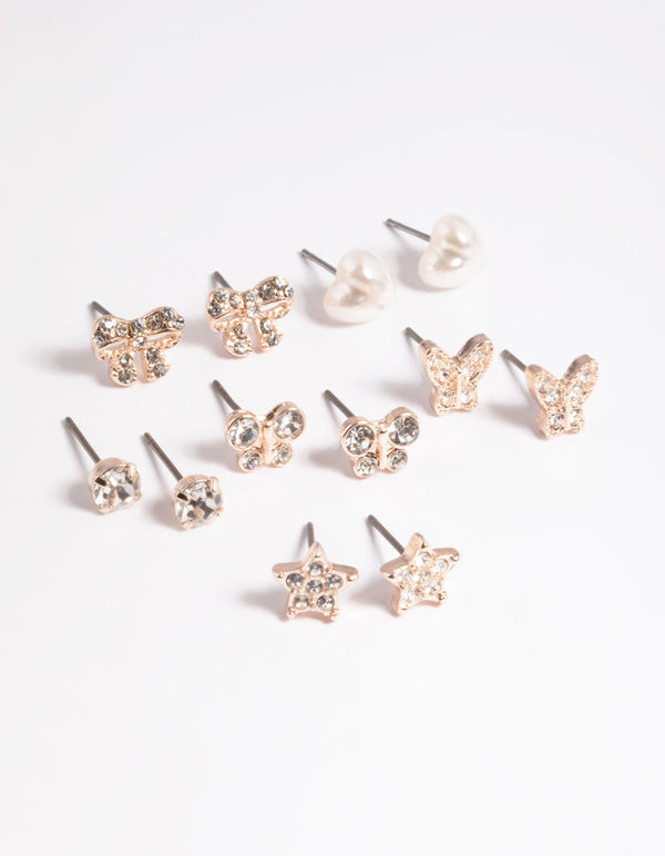 Kids Rose Gold Diamante Butterfly Stud 6-Pack
