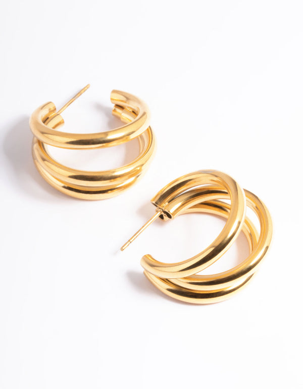 Gold Plated Stainless Steel Triple Hoop Earrings