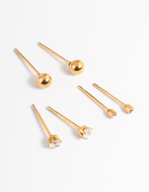 Gold Plated Stainless Steel Cubic Zirconia Plain Stud Earring Pack
