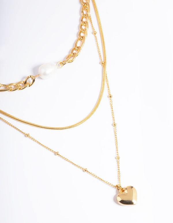 Gold Plated Stainless Steel Heart & Freshwater Pearl Layer Necklace