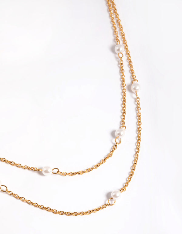 Gold Plated Stainless Steel Dainty Freshwater Pearl Double Layer Necklace