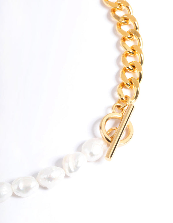 Gold Plated Stainless Steel Freshwater Pearl & Chain Necklace
