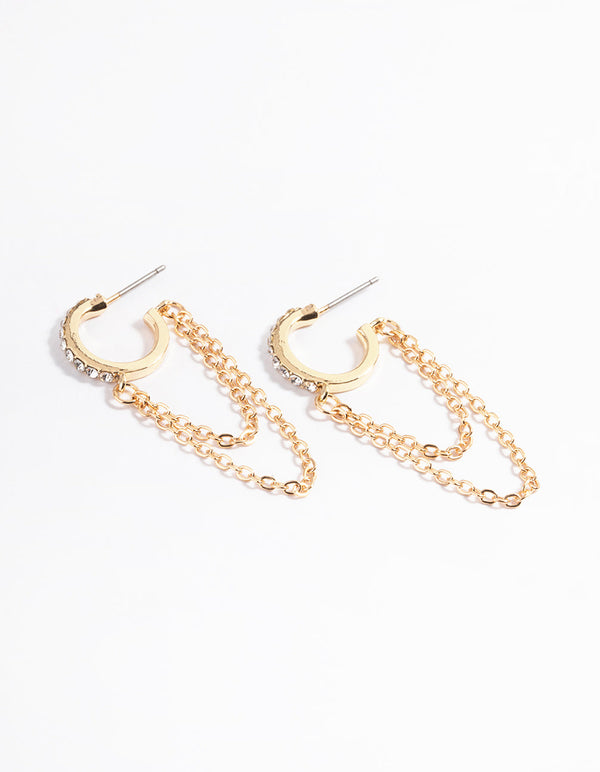 Gold Double Chain Diamante Huggie Earrings