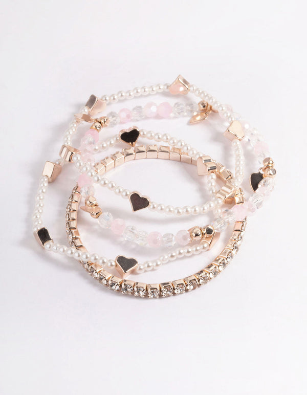 Kids Rose Gold Heart Diamante Stretch Bracelet 4-Pack