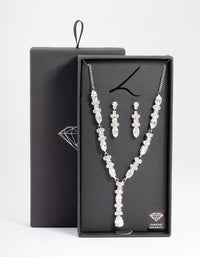 Diamond Simulants Rhodium Statement Drop Earrings & Necklace Set - link has visual effect only
