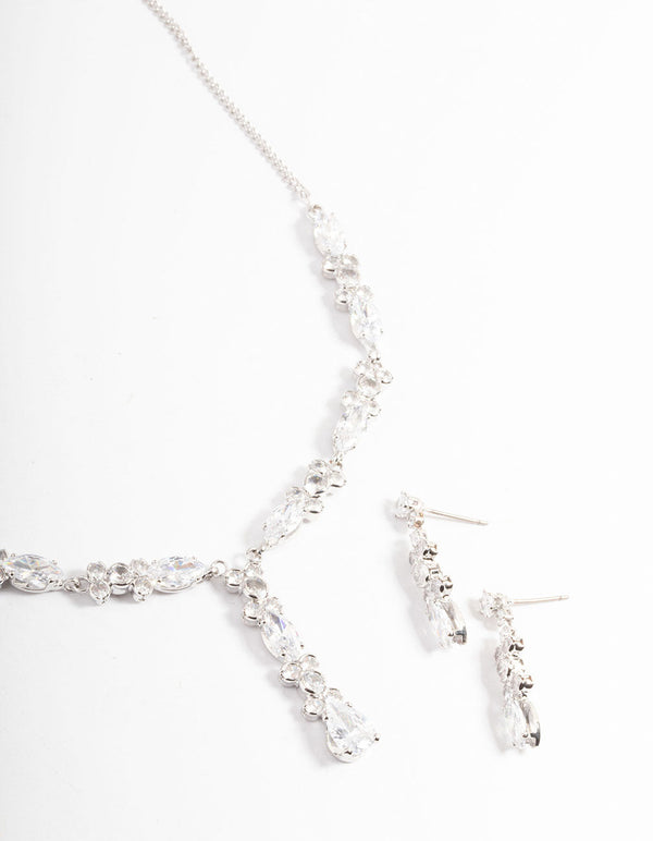 Diamond Simulants Rhodium Statement Drop Earrings & Necklace Set