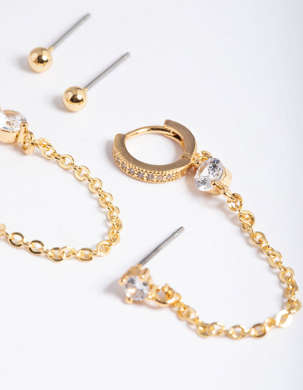 Gold Plated Brass Cubic Zirconia Pave Huggie Chain Earrings 6-Pack