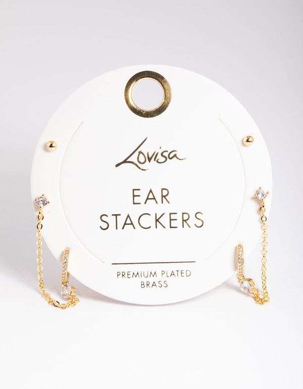 Gold Plated Brass Cubic Zirconia Pave Huggie Chain Earrings 6-Pack